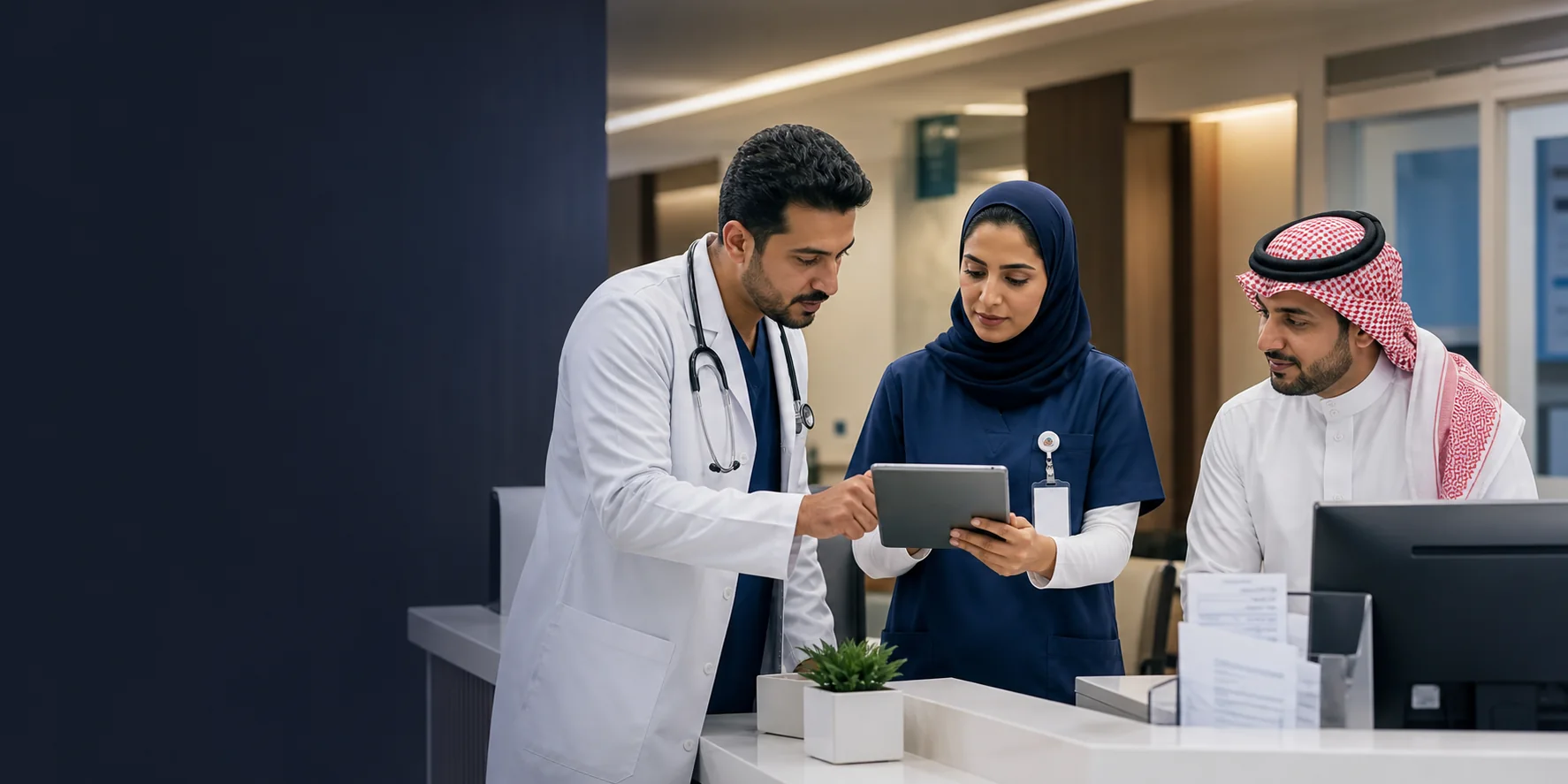 A doctor, nurse, and hospital administrator coordinating their work around a shared tablet.