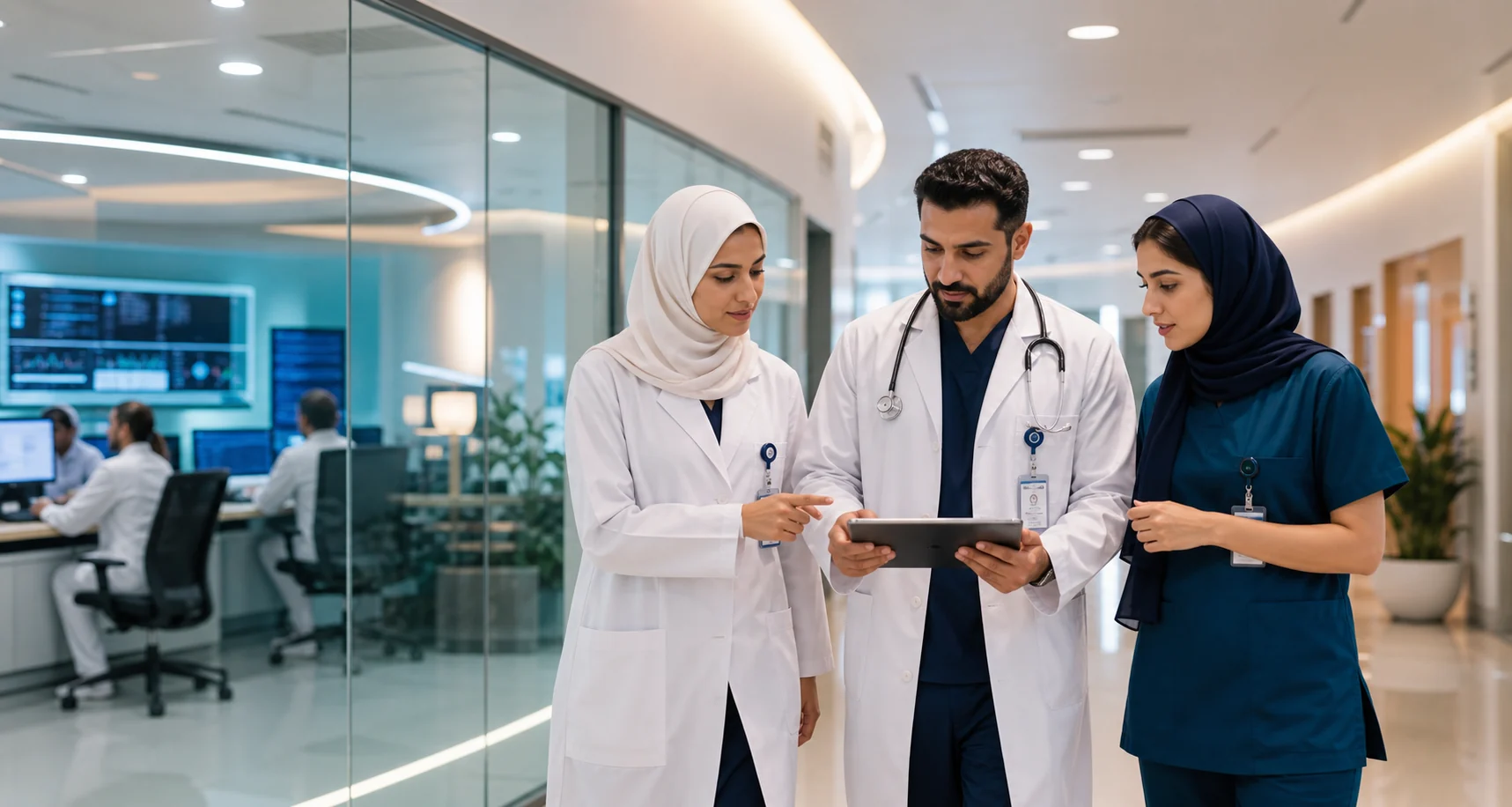 Hospital physicians and a nurse coordinating care with a tablet in a modern clinical facility.