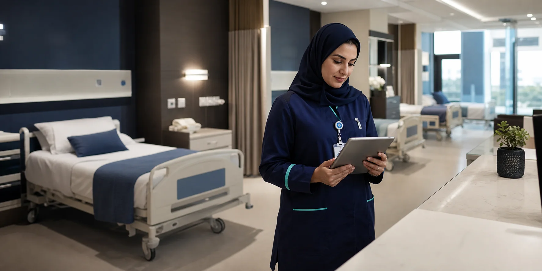 A hospital bed coordinator reviewing inpatient room and bed availability on a tablet.