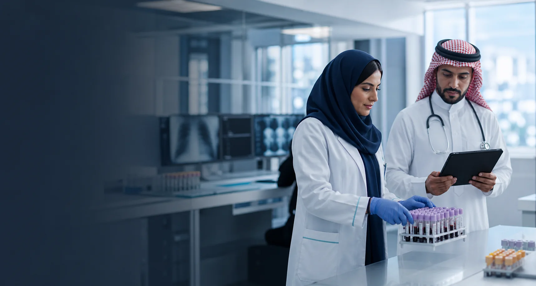 A laboratory technologist handling specimen samples while a doctor reviews an uploaded result.