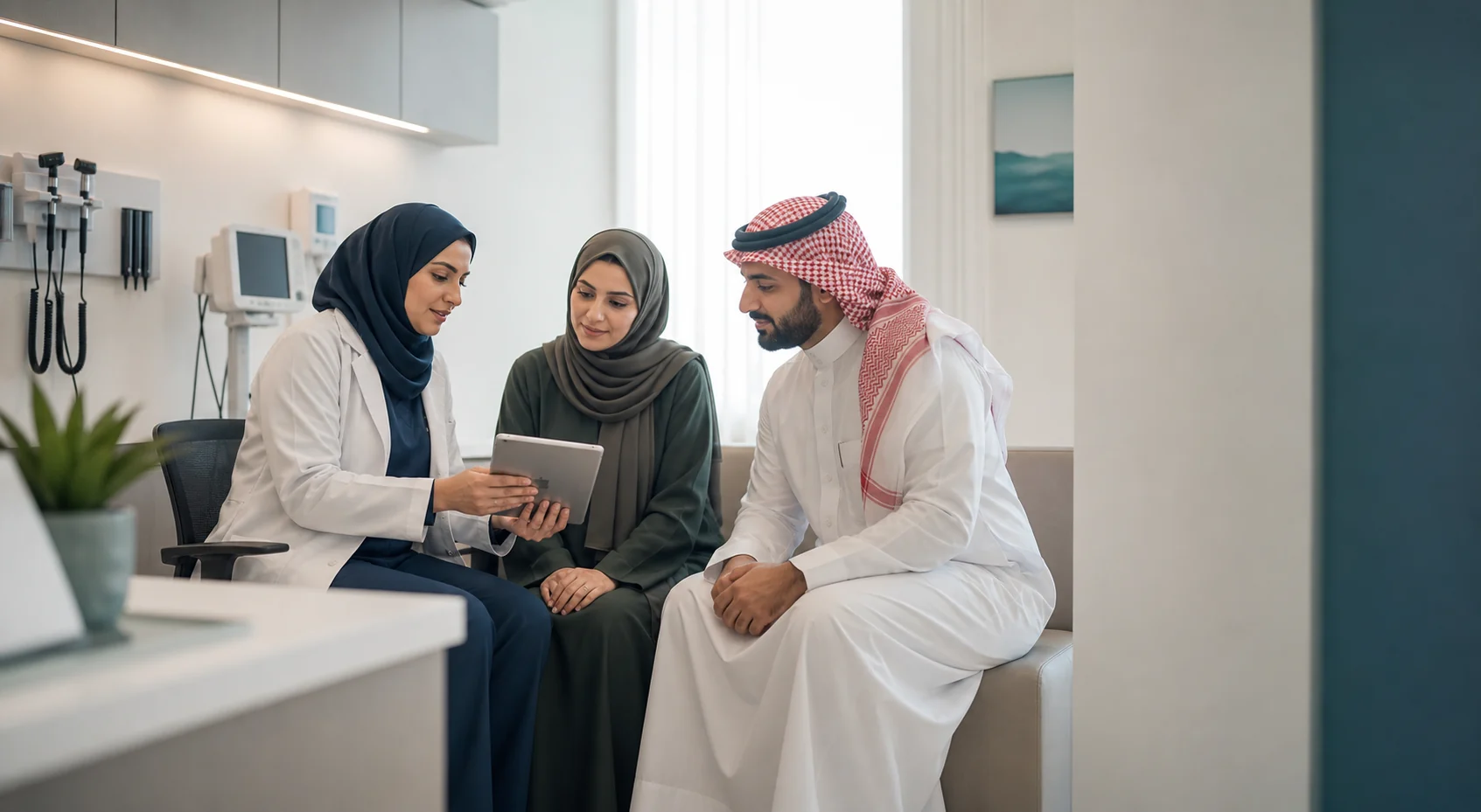 A physician reviewing care information with a patient and family member in a hospital consultation room.