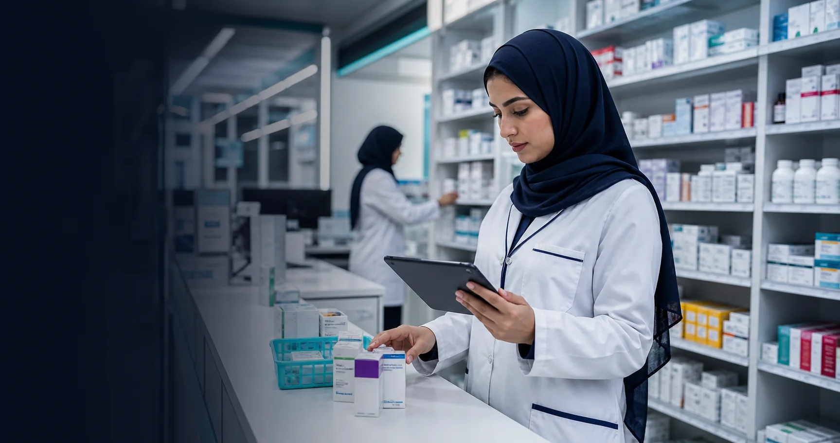 A hospital pharmacist reviewing medicine batch and expiry information on a tablet.